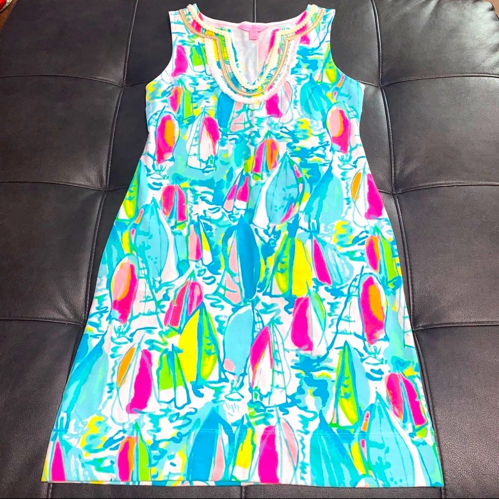 Lilly Pulitzer Fringe Trim Harper Shift Dress Beach/Bae Neon Sailboat Print XXS